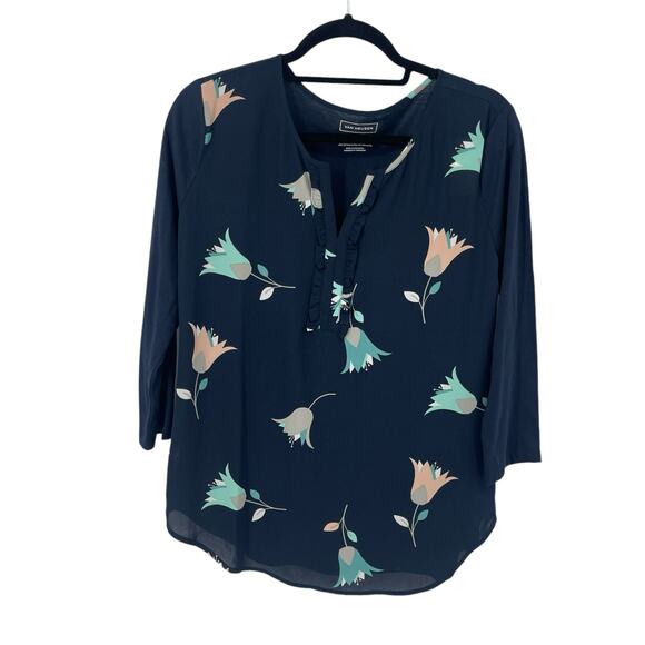 Van Heusen Women’s Blue Floral V-Neck 3/4 Sleeve Mixed Media Blouse Size Small S - Picture 5 of 8